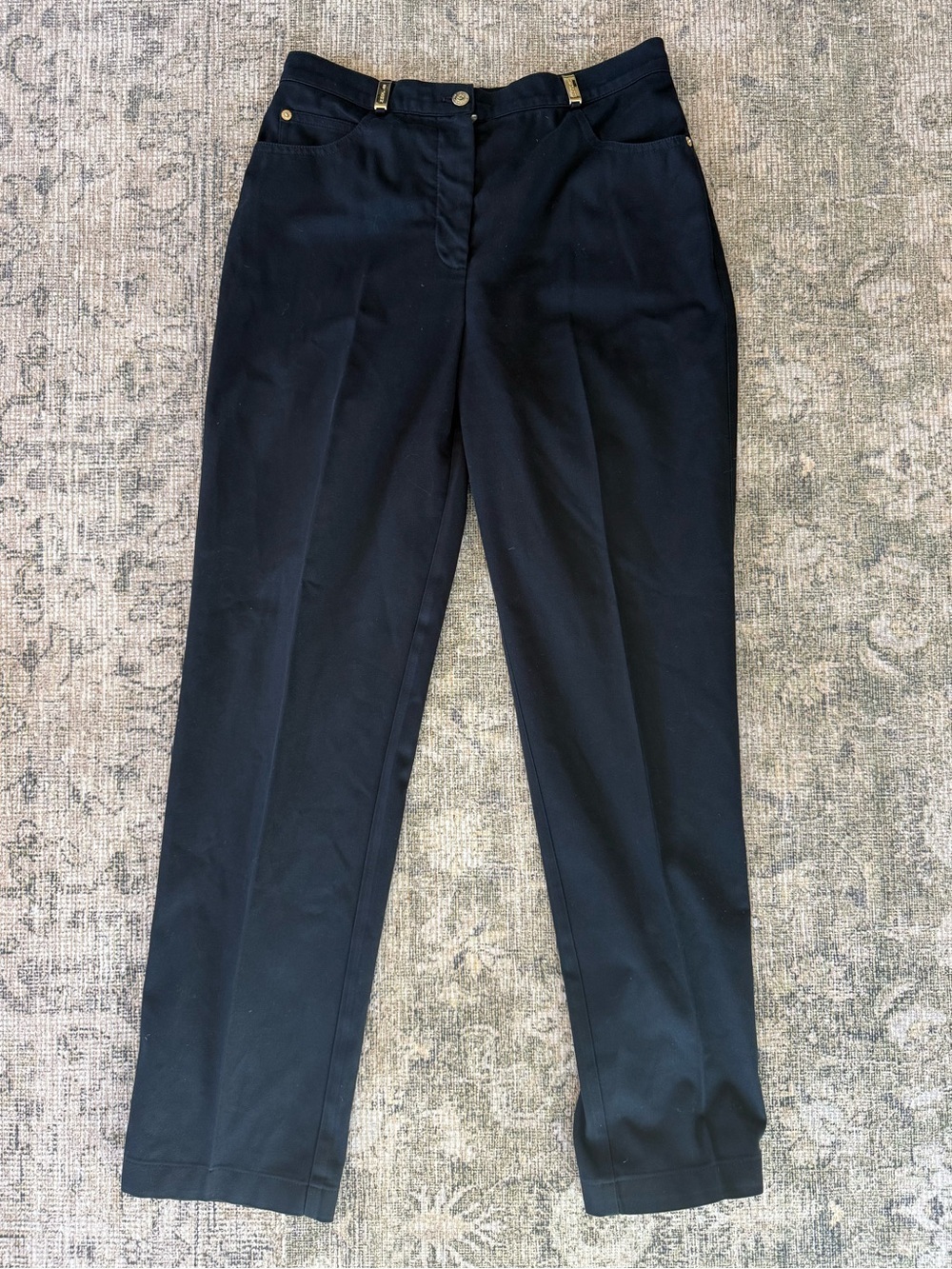 St. John Sport Black Dress Pants Straight Leg High Waist Size 6 Gold Details